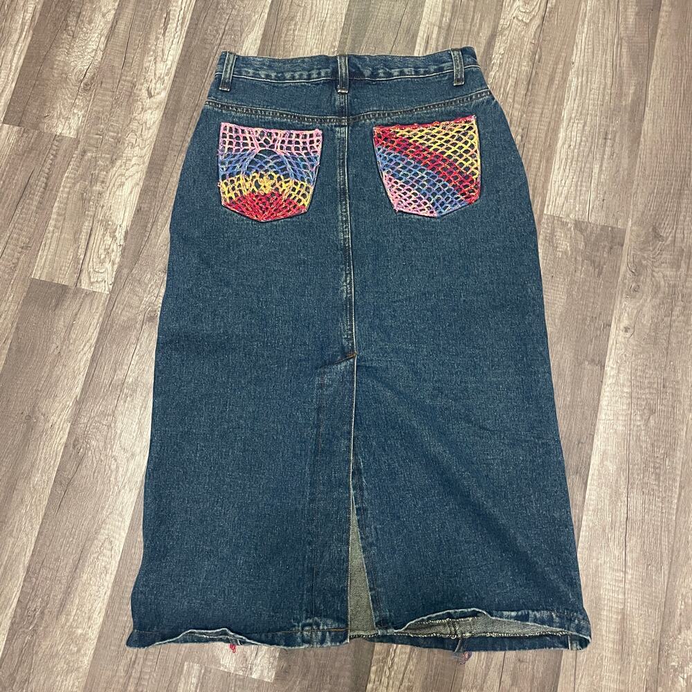 Vintage Patchwork Denim Midi Skirt – Women’s Size: 4 / W 13.5” | L 28” - Picture 2 of 7